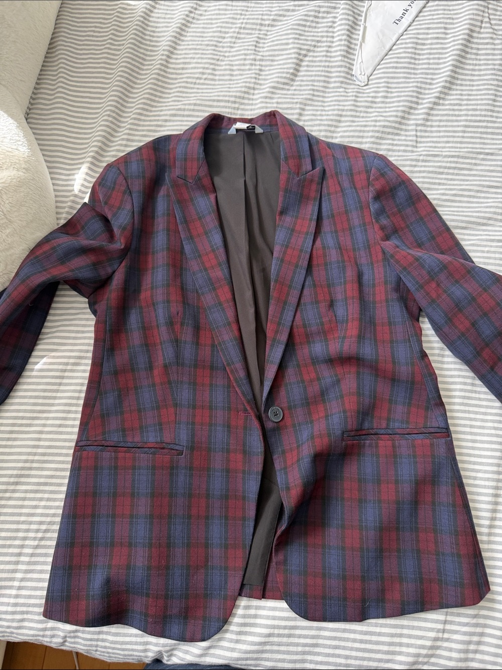 Womens Calvin Klein Red & Navy Plaid Blazer - Classic Single-Button Jacket